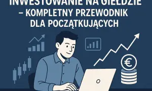 Mężczyzna uczy się, w co inwestować pieniądze, korzystając z przewodnika po giełdzie. Wykresy i monety euro symbolizują wzrost kapitału.