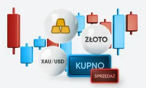 Wizualizacja handlu złotem: wykres świecowy, sztabki złota, kurs XAU/USD, przyciski "Kupno" i "Sprzedaż".
