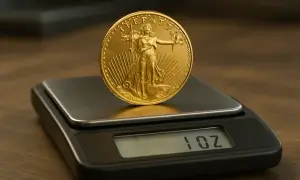 Złota moneta z Lady Liberty na wadze jubilerskiej, która pokazuje 1 uncja.
