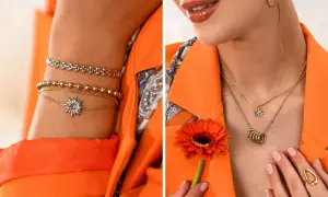 Elegancka biżuteria ze stali szlachetnej, która nie czernieje, w tym bransoletki i naszyjniki z motywem słońca i kwiatów.