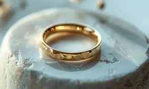 Złoty pierścionek z młotkowaną fakturą, próba złota 375, prezentuje się elegancko na jasnym, kamiennym tle.