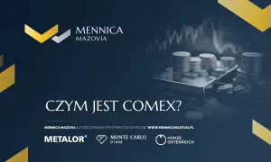 Stosy monet i sztabka srebra na tle wykresu giełdowego. Mennica Mazovia wyjaśnia, czym jest comex giełda.