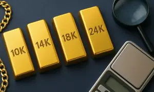 Sztabki złota 10K, 14K, 18K, 24K. Czy 9 karatowe złoto jaka to próba? Obok lupa i waga.