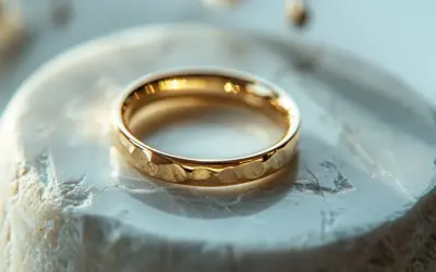 Złoty pierścionek z młotkowaną fakturą, próba złota 375, prezentuje się elegancko na jasnym, kamiennym tle.
