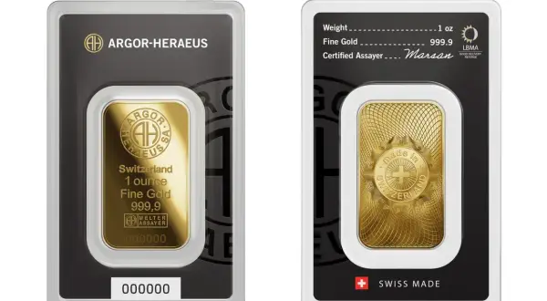 Sztabka złota 1 uncja 999,9 od Argor-Heraeus w opakowaniu. Certyfikat potwierdza jakość.