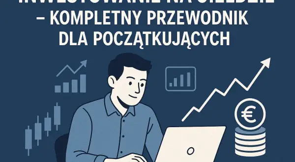Mężczyzna uczy się, w co inwestować pieniądze, korzystając z przewodnika po giełdzie. Wykresy i monety euro symbolizują wzrost kapitału.