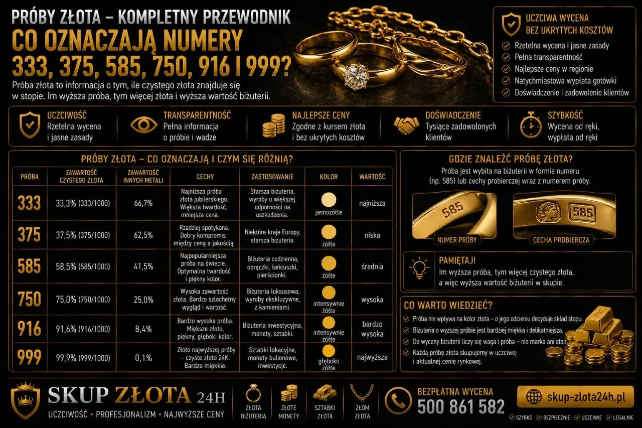 Przewodnik po próbach złota: 333, 375, 585, 750, 916, 999. Im wyższa próba, tym więcej czystego złota i wyższa wartość biżuterii.