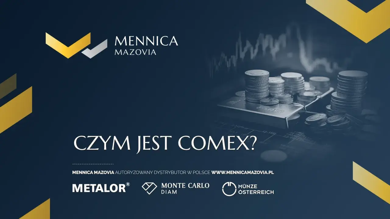 Stosy monet i sztabka srebra na tle wykresu giełdowego. Mennica Mazovia wyjaśnia, czym jest comex giełda.