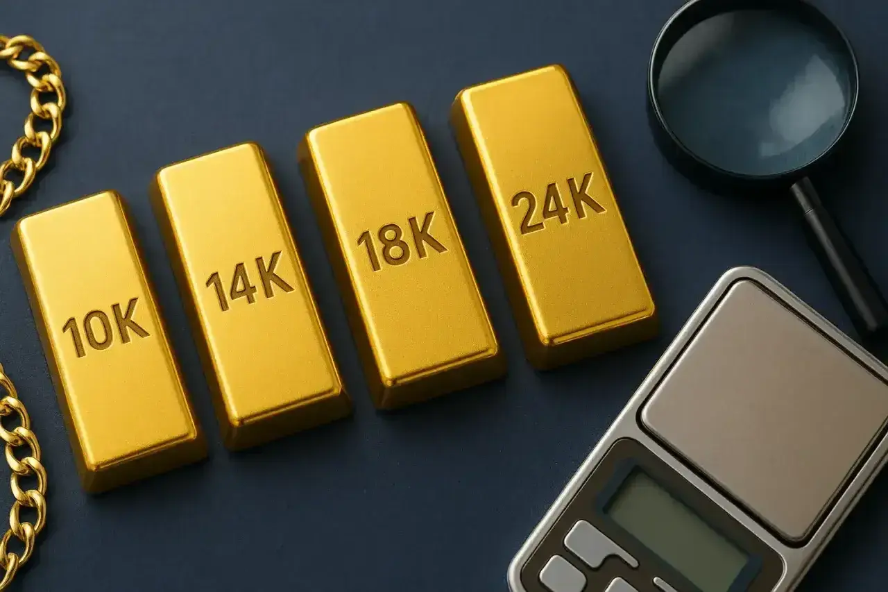 Sztabki złota 10K, 14K, 18K, 24K. Czy 9 karatowe złoto jaka to próba? Obok lupa i waga.