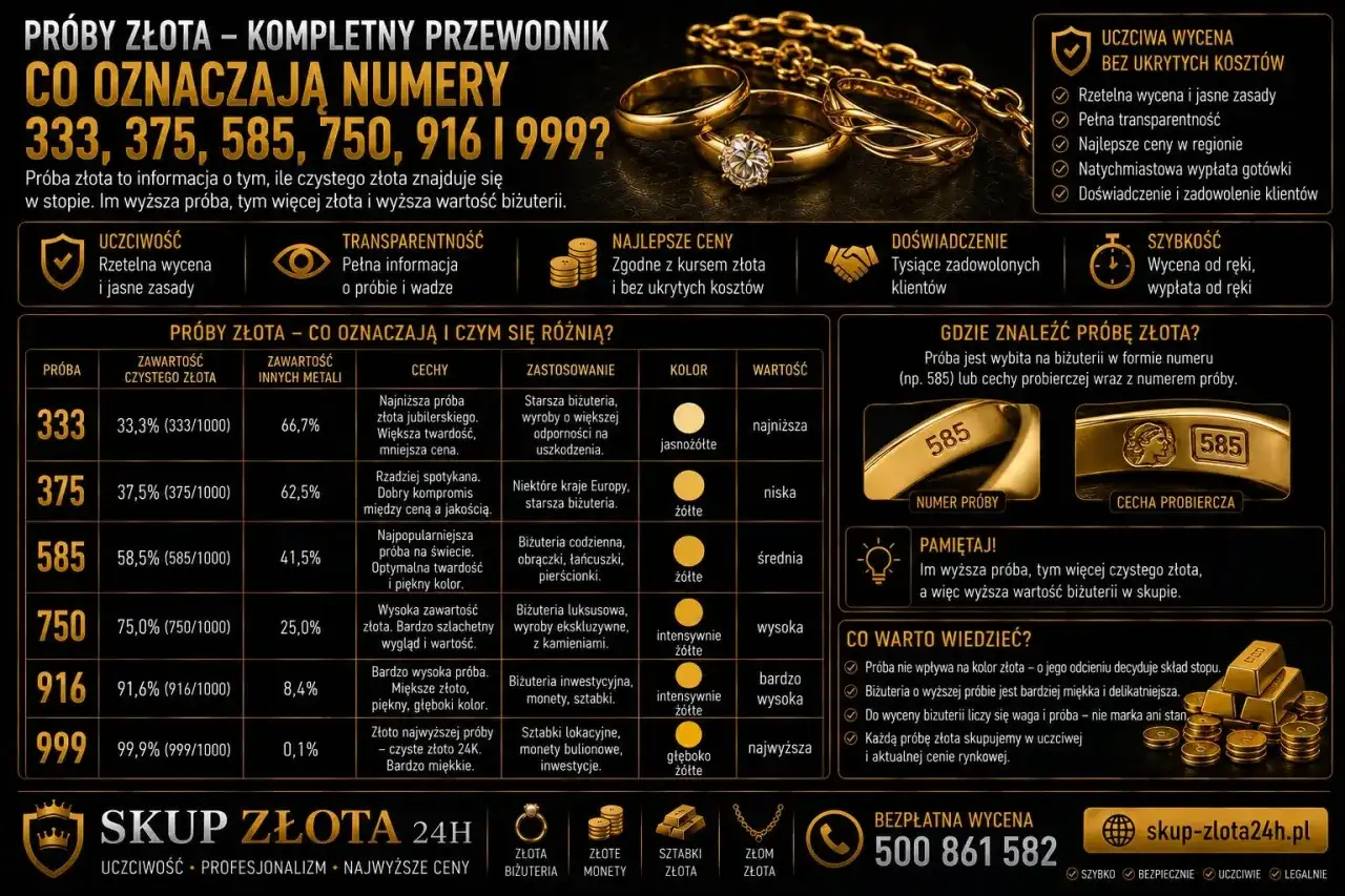 Przewodnik po próbach złota: 333, 375, 585, 750, 916, 999. Im wyższa próba, tym więcej czystego złota i wyższa wartość biżuterii.
