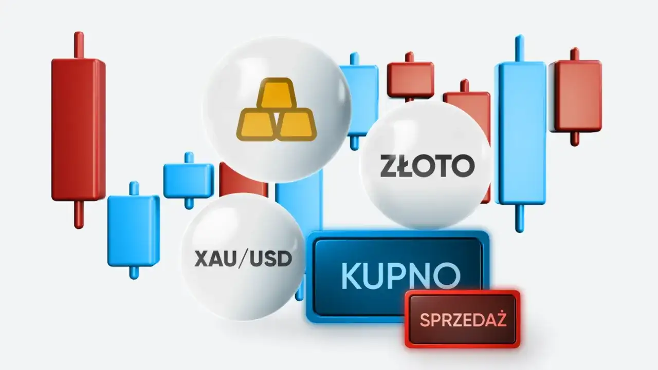 Wizualizacja handlu złotem: wykres świecowy, sztabki złota, kurs XAU/USD, przyciski "Kupno" i "Sprzedaż".