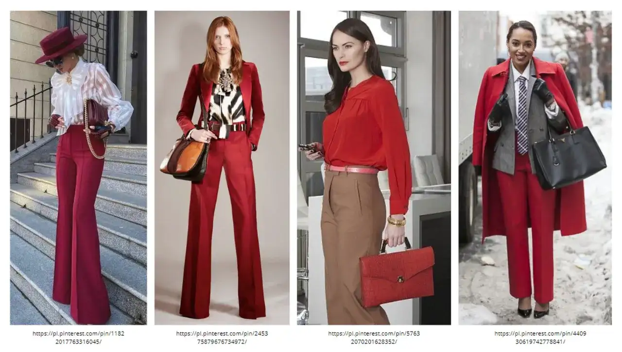 Eleganckie stylizacje w odcieniach czerwieni, od butów po kapelusz. Czerwone złoto w modzie damskiej.