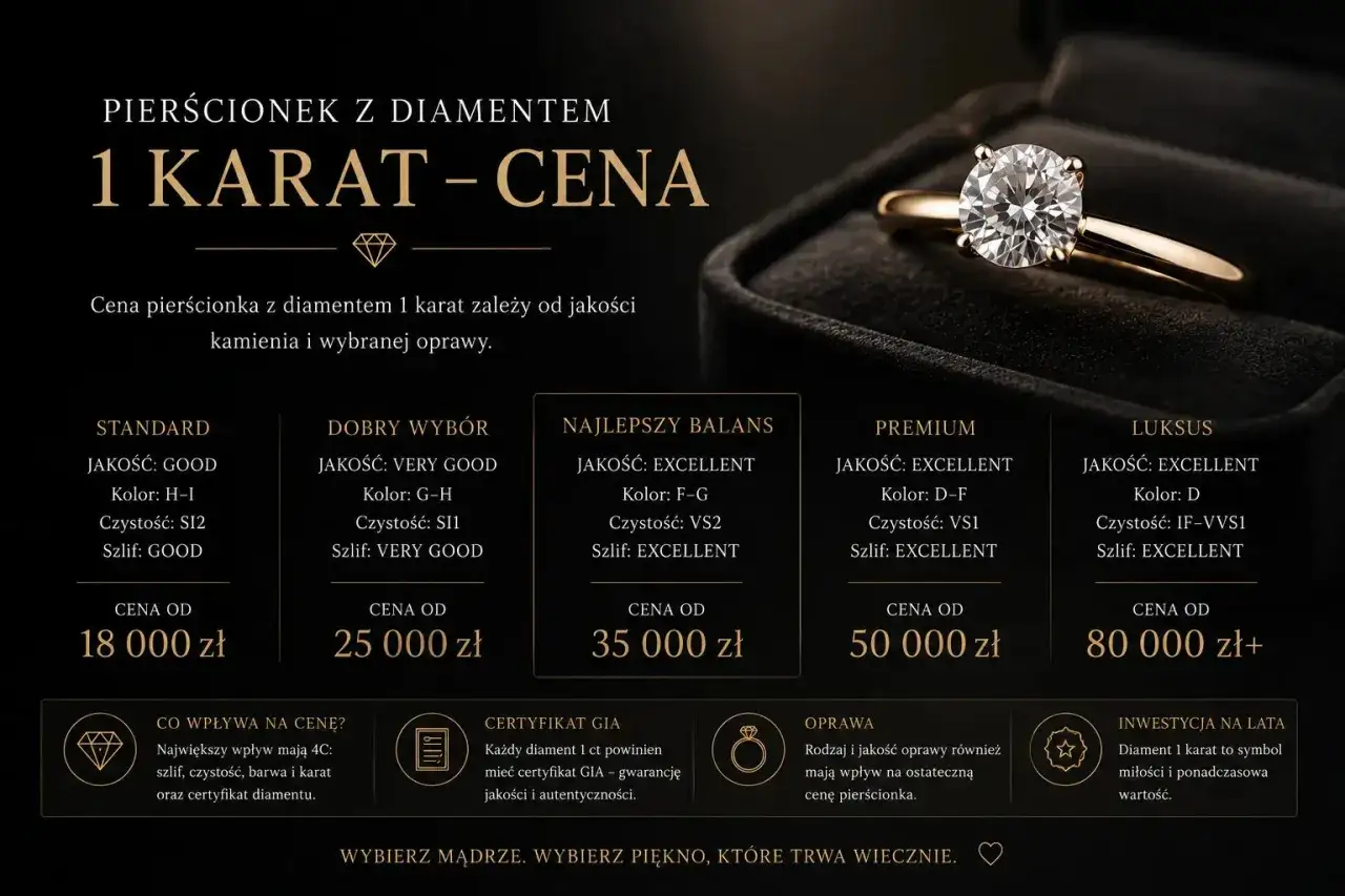 Elegancki pierścionek z diamentem 1 karat. Dowiedz się, gdzie sprzedać pierścionek zaręczynowy, porównując ceny od 18 000 zł.