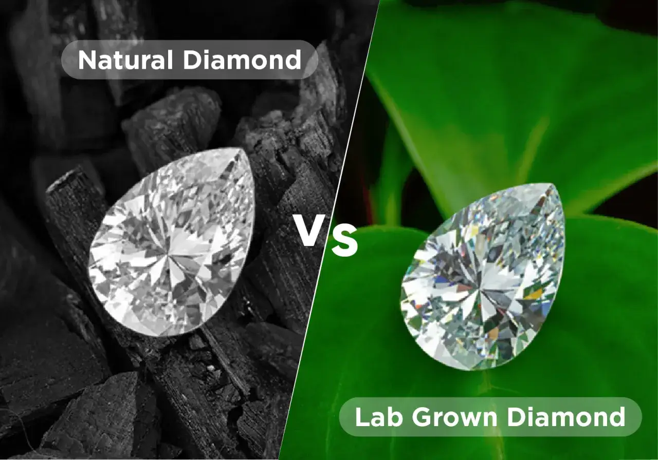 Porównanie: diament laboratoryjny lśni na zielonym tle, a diament naturalny na tle węgla.