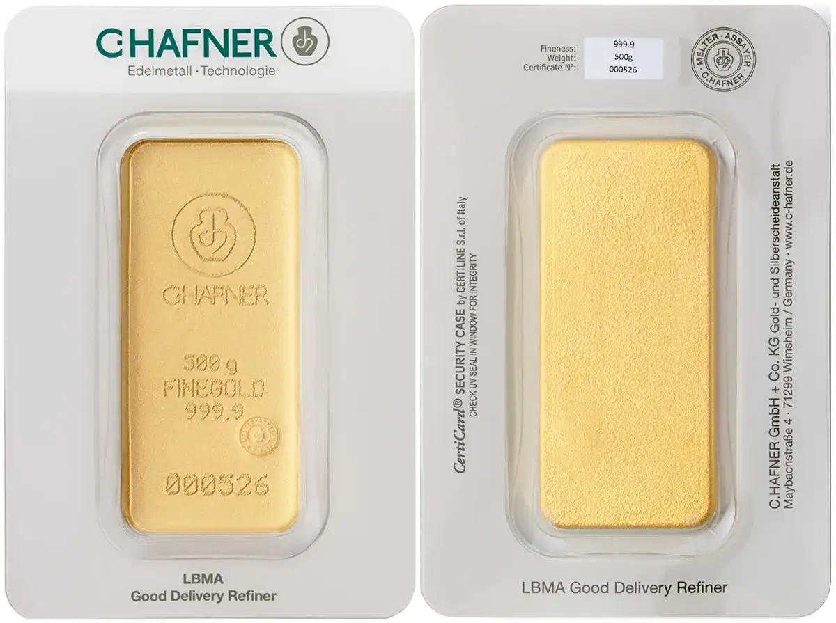 Sztabka złota 500g CHAFNER, 999.9 FINEGOLD, numer seryjny 000526. Anonimowa sprzedaż złota gwarantowana przez LBMA Good Delivery Refiner.