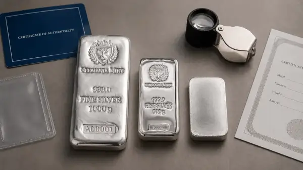 Trzy sztabki srebra inwestycyjnego Germania Mint o wadze 1000g, 500g i mniejsza, obok certyfikaty i lupa.