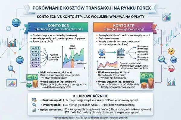 Porównanie kont ECN i STP na Forex. ECN oferuje niskie spready, STP ma wbudowany spread. Kluczowe różnice w kosztach transakcji.