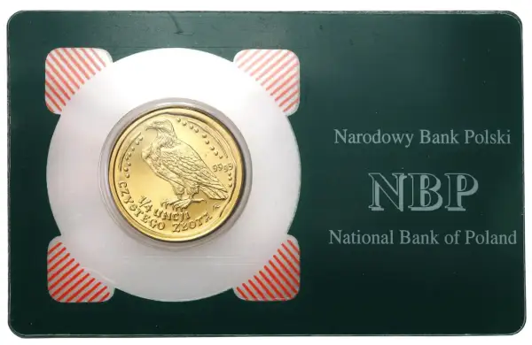 Złota moneta z orłem bielikiem, 1/4 uncji czystego złota, Narodowy Bank Polski.