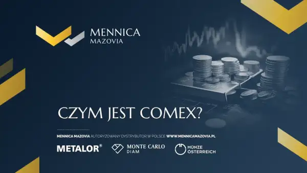 Stosy monet i sztabka srebra na tle wykresu giełdowego. Mennica Mazovia wyjaśnia, czym jest comex giełda.