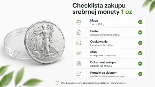 Srebrna moneta 1 oz z awersem przedstawiającym postać kobiety, obok checklisty zakupu: masa, próba, opakowanie, stan, dokument zakupu, kontakt.