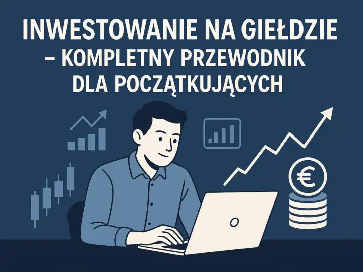 Mężczyzna uczy się, w co inwestować pieniądze, korzystając z przewodnika po giełdzie. Wykresy i monety euro symbolizują wzrost kapitału.