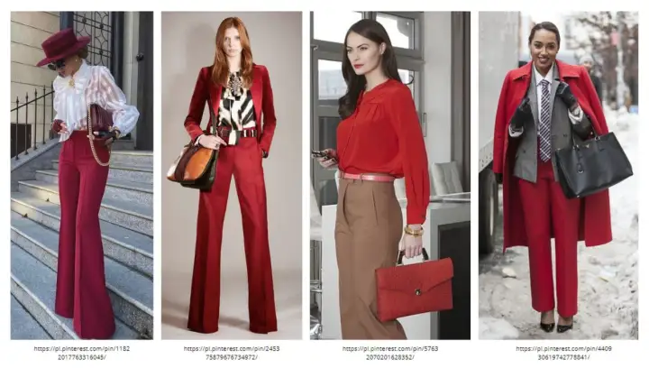 Eleganckie stylizacje w odcieniach czerwieni, od butów po kapelusz. Czerwone złoto w modzie damskiej.